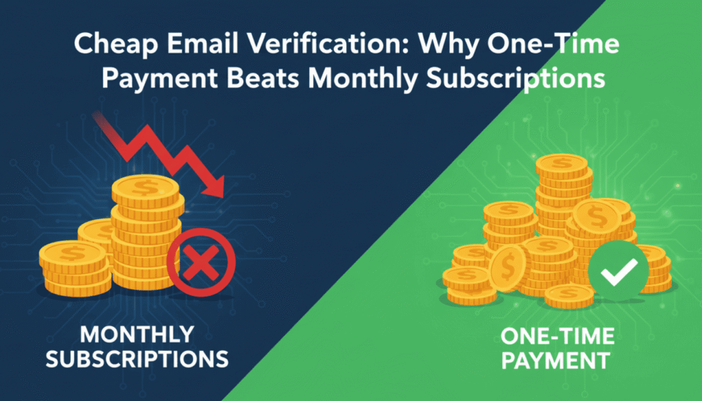 Cheap email verification isn't always cheapest long-term. $597 one-time beats $200/month subscriptions. Save $11,403 in 5 years with 99.99% accuracy.